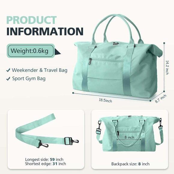 Women Men Cyan Waterproof Carry On Tote Travel Duffle Bag with Trolley Sleeve - Picture 4 of 7